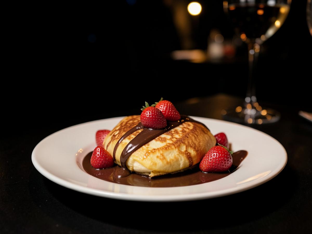 Crepe finalizado com chocolate e morangos